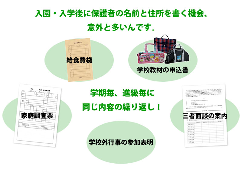 入園・入学後に保護者の名前と住所を書く機会は意外と多いんです。家庭調査票、学校教材の申込書、給食袋、三者面談